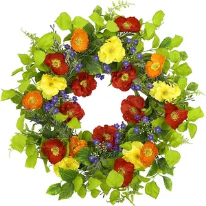 다채로운 Poppy 비와 장미 잎 화환을 가진 봄 여름을 위한 Handmade 인공적인 꽃