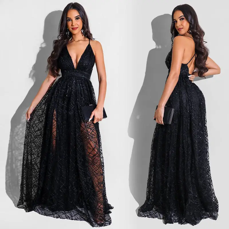 A-line Spaghetti Straps black Sparkly Long Prom Dresses Evening Gowns graduations celebrity robes de cocktail Gorgeous Ball Gown