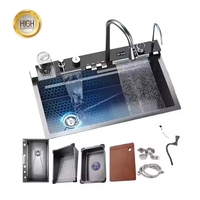 Penjualan terlaris Modern buatan tangan tampilan Digital layar air terjun Multifungsi 304 Stainless Steel wastafel dapur