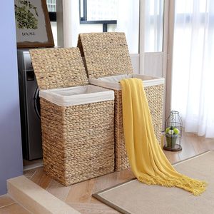 Panier demi-lune en jacinthe d'eau tissée de la meilleure qualité: panier à linge avec couvercle, poignées et doublure amovible - Product Image 5