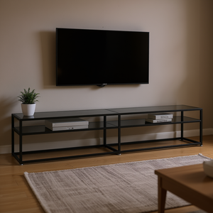 Black Tempered <b>Glass</b> And Powder Coated Steel <b>Tv</b> Cabinet 2 Shelves Modern Minimalist Living Room Storage Furniture - Product Image 2