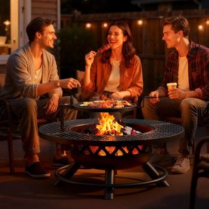 Table de foyer ronde en métal 3 en 1 avec grille de cuisson pour extérieur, jardin, patio, feu de camp, camping - Product Image 4