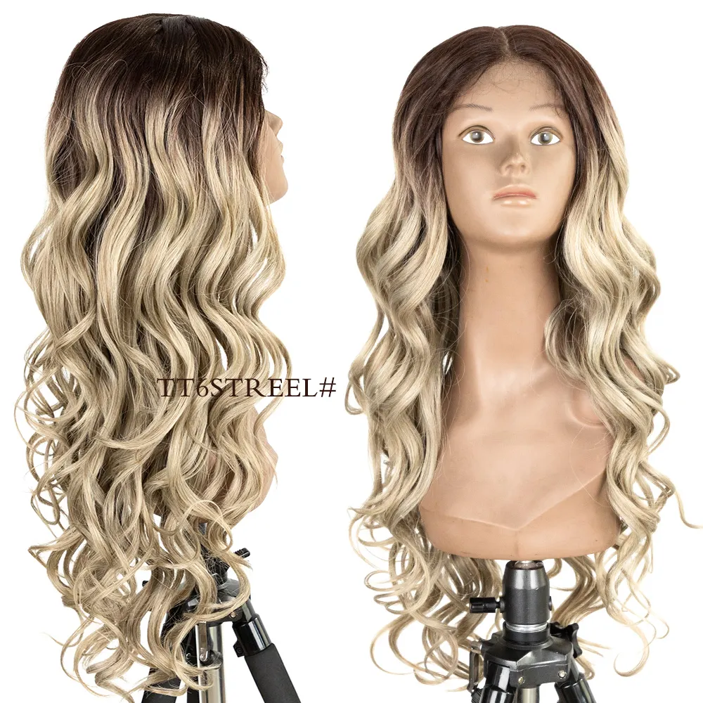 Ombre Blonde Brown Silver Grey Long Wavy deep body Wave Middle Part High Temperture Lace Front Wig Synthetic hair wigs For Women