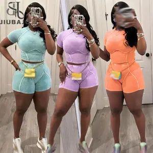 Ribbed Washed Summer Outfits 2 Two Pieces Sets Tracksuits Women 2024 Short Sleeve Crop Tops Soild Shorts Suits