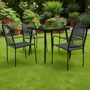 Set da pranzo da giardino in corda di cotone nera con struttura in acciaio verniciato a polvere e vetro temperato, mobili da esterno per 4 persone - Product Image 2