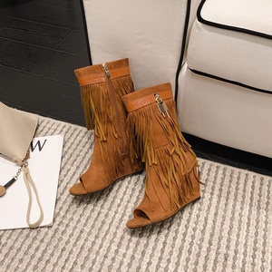 Designer 42 Size Oversized Tassel Designer Ladies Shoes Open Toe Wedge Heels Casual Mid <b>Boots</b> for Women - Product Image 2