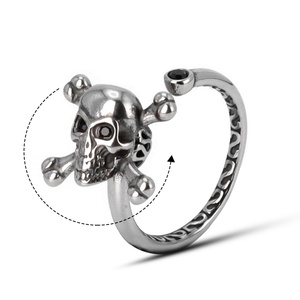316L Stainless Steel Fidget <b>Ring</b> for Anxiety <b>Skull</b> and Crossbones Design Black Gemstone Accent Open Adjustable Dark Jewelry - Product Image 1