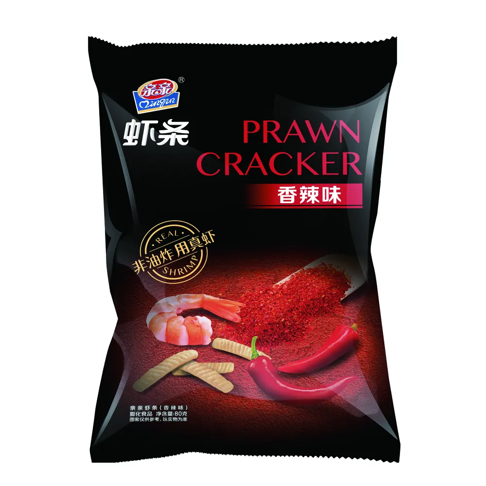 Qinqin OEM 80G Hot Hương Vị Vị Cay Tôm Cracker Stick Không Chiên Snack Thực Phẩm Lành Mạnh Căng Phồng Hải Sản