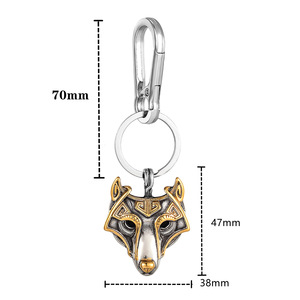 Fenrir Wolf Head <b>Keychain</b> Stainless Steel Celtic Pattern Metal Spring Buckle Leather Strap Double Pendant - Product Image 2