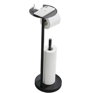 Modern <strong>Black</strong> Gold Metal <strong>Toilet</strong> Paper Tower <strong>Holder</strong> with Weighted Base Phone Shelf &amp; Tissue <strong>Roll</strong> Dispenser Stand - Product Image 2