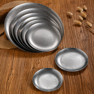 Retro Stainless Steel Round Plate <b>Set</b> Industrial Style Distressed Flat Bottom Shallow Dish For Hotel Coffee <b>Tea</b> Serving Trays - Product Image 1
