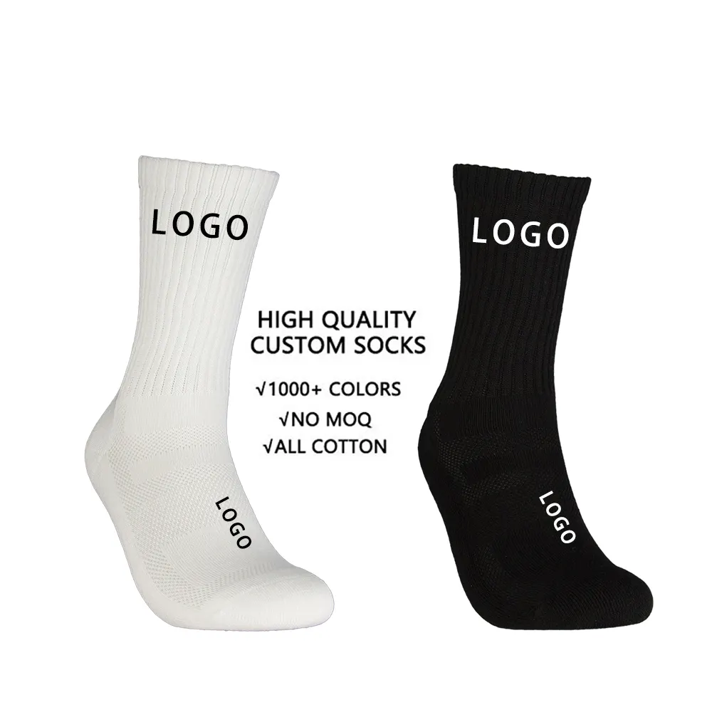 Bulk High Quality Knitted Embroidery Jacquard Custom Made Printed Logo Solid Black White Cotton Anti-Skid Socks Men Embroidered