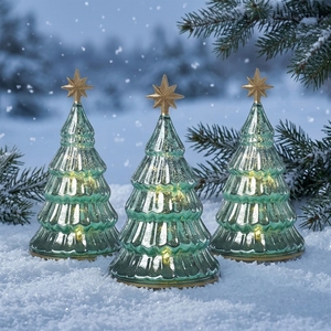 Petit arbre en verre éclairé par des LED, décoration de table personnalisée pour la maison, sapin de Noël en verre soufflé vert mercure avec lumières LED - Product Image 1