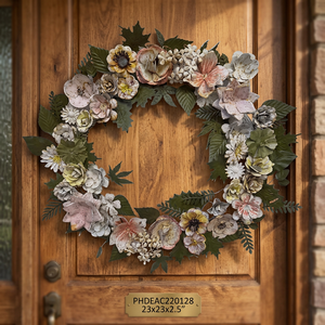 Corona Floral Metálica Rústica Hecha a Mano, Redonda, Decorativa, Sin Iluminación, Elaborada con Hojas y Flores para Puerta o Pared - Product Image 4