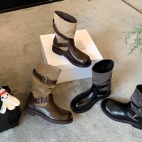 Bottines à plateforme pour femmes, double boucle, en cuir et daim bicolore, style décontracté, pliables, bottes de motard, bottes western tendance, 2 couleurs