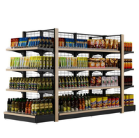 Présentoir à collations et boissons personnalisé de qualité supérieure treillis métallique noir avec décorations en bois pour boutique supermarché