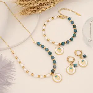 18k Gold Plated Stainless Steel Hamsa Hand Pearl Palm Agate Magic Eye Pendant Necklace Bracelet Earrings Jewelry Sets for Women
