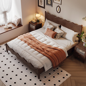 Solid Wood Walnut Double Bed 1.8m 1.5m Modern Minimalist Wave Shape Platform Bed Master Bedroom Wedding Bed American Retro Style - Product Image 2