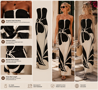 Robe longue moulante bohème sexy pour femme, noire et beige, à imprimé floral abstrait, sans bretelles, froncée sur le côté, en tissu tissé