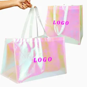 Bolsa de compras de regalo de embalaje no tejido iridiscente de Navidad arcoíris Rosa laminado impermeable con logotipo personalizado