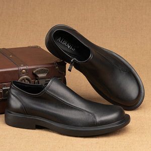 Chaussures habillées en cuir pour hommes, à enfiler, bout rond, fermeture éclair, semelle souple en caoutchouc, pour mariage, affaires, formelles, noires - Product Image 2