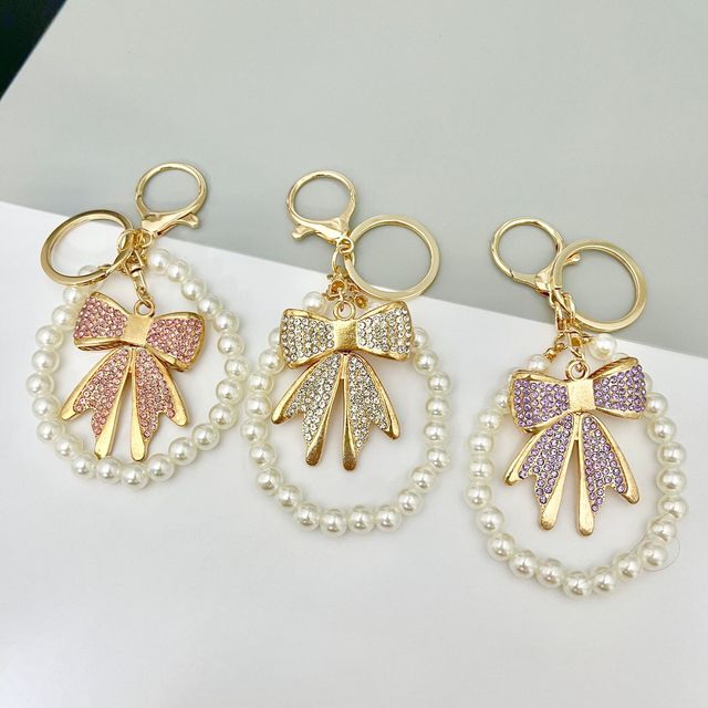 Gold Plated Rhinestone Bow Keychain with Pearl Ring Bling Crystal Bow Handbag Charm Pendant for Women Bag Car Key Decor Gift