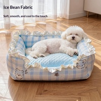 Coussin pour chien Teddy respirant, style canapé, avec imprimé intégral de dessins animés printemps/été, bordure à franges, confortable et soutien du cou