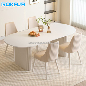 Mesa de Comedor de Diseño Minimalista con Acabado Lacado, Cubierta de Piedra Sinterizada <span class=keywords><strong>Blanca</strong></span>, Mesa de Comedor Moderna Ovalada para 4, 6 u 8 Personas - Product Image 1