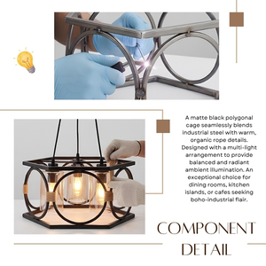 3 <b>Light</b> Orvion Polygonal <b>Cage</b> Pendant <b>Light</b>, Matte Black Metal with Rope Decor Glass Hanging Lamp - Product Image 2