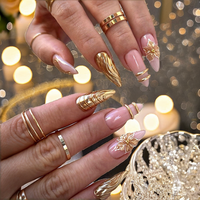 Lot de 24 faux ongles 3D élégants nude doré en amande, à presser, en ABS, avec colle
