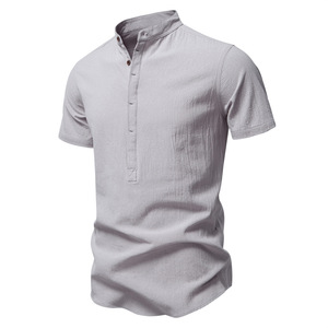เสื้อเชิ้ตผู้ชายสีขาวล้วน คอตั้ง แขนสั้น ทรงหลวม สวมใส่สบาย ระบายอากาศได้ดี คุณภาพสูง รับทำโลโก้ตามสั่งจากโรงงานโดยตรง - Product Image 5