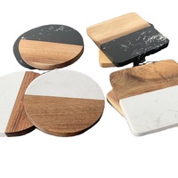 Table Basse de Salon en Bois d'Acacia Blanc et Marbre Noir, Plateau Rond ou Carré avec Support pour Boissons