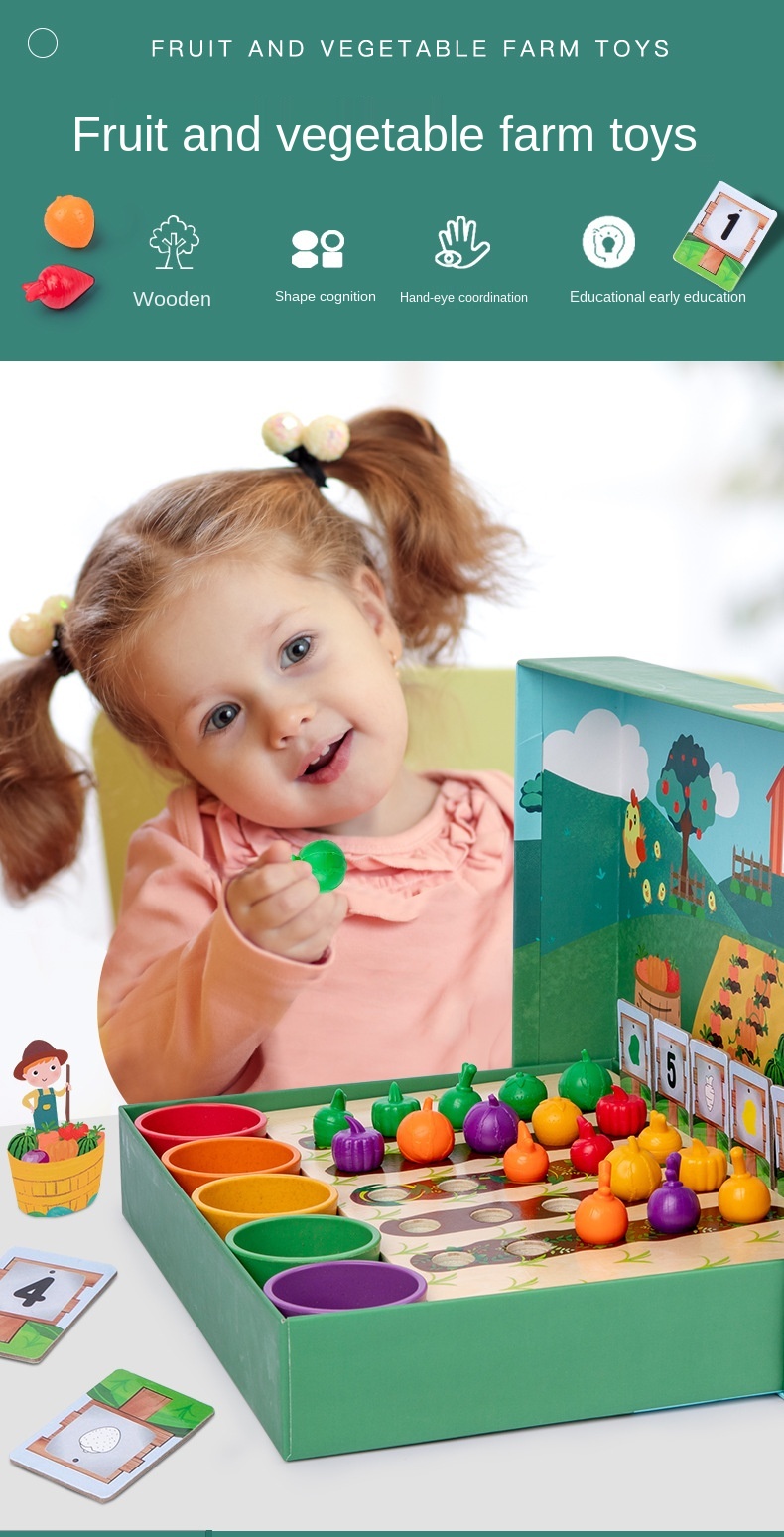 Children wooden mathematics early education toys Vegetables Fruits Color Classification Cup Counting Shape Matching Farm Game