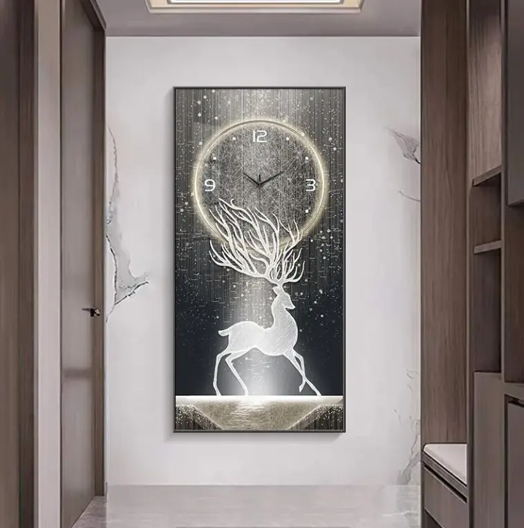 Decorazione d'ingresso pittura orologio orologio da parete soggiorno famiglia cervo cervo a vita alta divano sfondo pittura murale orologio