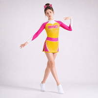 Ensemble de tenue de cheerleading personnalisée OEM ODM pour enfants, jaune et rose, avec strass, haut court à manches longues et jupe, vente en gros pour les équipes