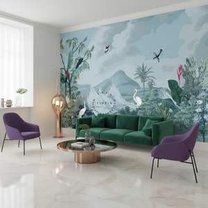 Papier peint mural auto-adhésif imperméable <span class=keywords><strong>pour</strong></span> la décoration de la maison, <span class=keywords><strong>bleu</strong></span> ciel, oiseaux, paysage tropical, botanique, vintage - Product Image 3