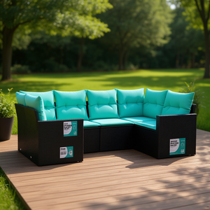 Ensemble de canapés de patio en polyrotin noir pour 6 personnes avec coussins, mobilier d'extérieur au design contemporain et moderne - Product Image 2