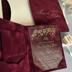 Invitation de mariage personnalisée en velours rouge, ensemble d'invitations en acrylique haut de gamme avec gaufrage doré, ensemble d'invitations de mariage - Product Image 2