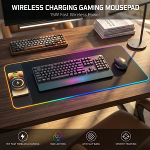 Tapis de souris de jeu à charge sans fil rapide 15W, bande lumineuse LED RGB, grand tapis de bureau étendu pour PC Gamer, graphiques personnalisés - Product Image 1
