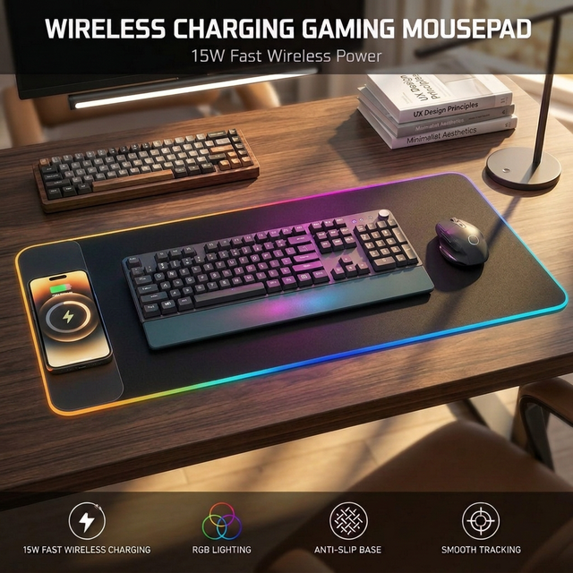 15W Fast Wireless Charging Gaming Mouse Pad RGB LED Light Strip Extended Large Desk Mat Mousepad for PC Gamer Custom Graphics