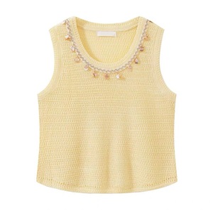 Gilet sans manches en maille ajourée pour femme, couleur unie jaune, fin, en polyester, idéal pour l'été - Product Image 1