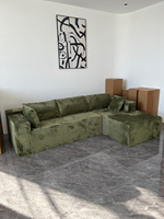 Sofá Modular de Corduroy Rayado Cepillado Verde con Estructura Delgada, Soporte Lumbar, Seccional en Forma de L para Villa, Moderno y Ecológico