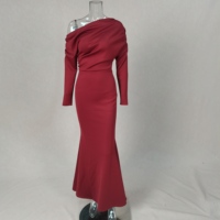 Vestido de Noche Maxi para Mujer al por Mayor, de un Solo Hombro, Manga Larga, Silueta en A, Fruncido, Elegante, con Cintura Imperio y Cola Capilla, para Fiesta Formal