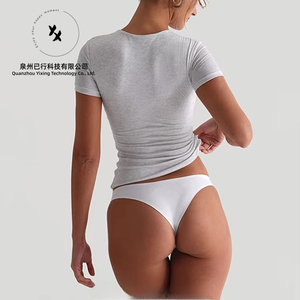T-shirt personnalisé par le fabricant, 95% coton, 5% élasthanne, t-shirt pour femme, crop top, manches courtes, ajusté, compression, sport, gym - Product Image 4