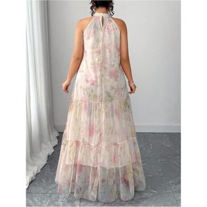 Vestido Maxi Floral para Mujer, Cuello Halter, Gasa, Corte A, Cintura Imperio, Capa Transparente, Vestido de Verano para Vacaciones, Estilo Bohemio - Product Image 2