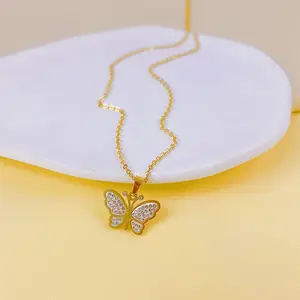 Ban đầu pha Lê Kim Cương bướm mặt dây chuyền vòng cổ thép không gỉ 18K vàng mạ bướm Choker Vòng cổ cho phụ nữ đồ trang sức