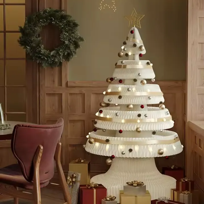 Árbol de Navidad plegable hecho de papel Kraft Árbol de Navidad de papel de altura de 39 pulgadas con luz LED para uso comercial y doméstico