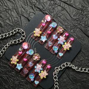 Faux ongles à presser en acrylique de luxe, couvrance totale, forme cercueil longue, avec colle, motifs papillon 3D et French manucure, haute qualité - Product Image 2