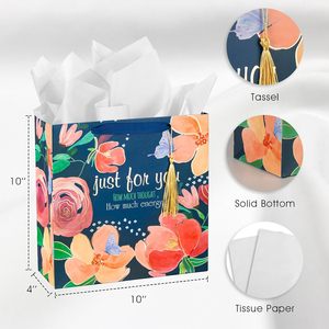 Bolsa de Regalo Floral Cuadrada Homeral de 10 Pulgadas, Azul Marino, con Flores Doradas en Relieve, Asa de Listón y Papel de Seda Incluido, para San Valentín o Cumpleaños - Product Image 2