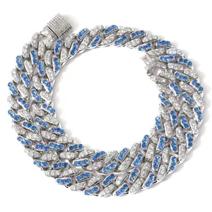 Hiphop 12mm 2 Tones Prong Cuban Link Chain Iced Out Cubic Zircon Blue White Cuban Chain Necklace Bracelet For Men Jewelry